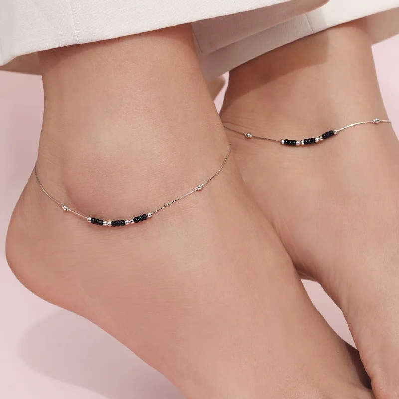 luxury anklet for women-Triple Beaded Rhodium Plated 925 Sterling Silver Anklet