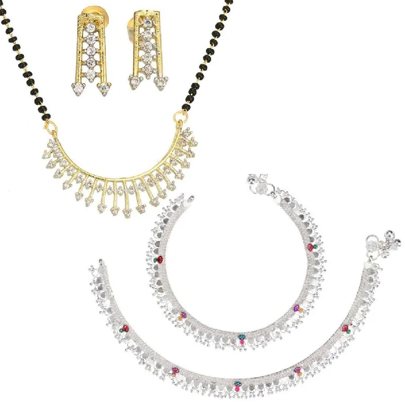 double-layer anklet for women-AanyaCentric Gold-plated Mangalsutra Pendant Earring Set & Silver Plated Anklet