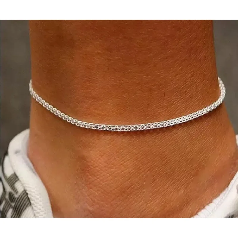 anklet with birthstone for women-925 Sterling Silver 2MM Diamond Cut Bismark Chain Anklet 9" or 10"