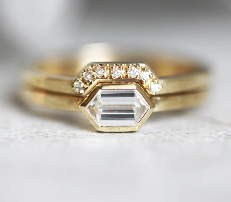 luxury engagement rings for women-Hexagon Diamond Ring, Modern Diamond Ring Set