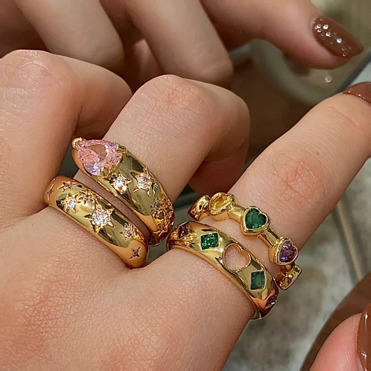 stacked rings for women-Ig Style Shiny Heart Shape Copper Plating Inlay Zircon Open Rings