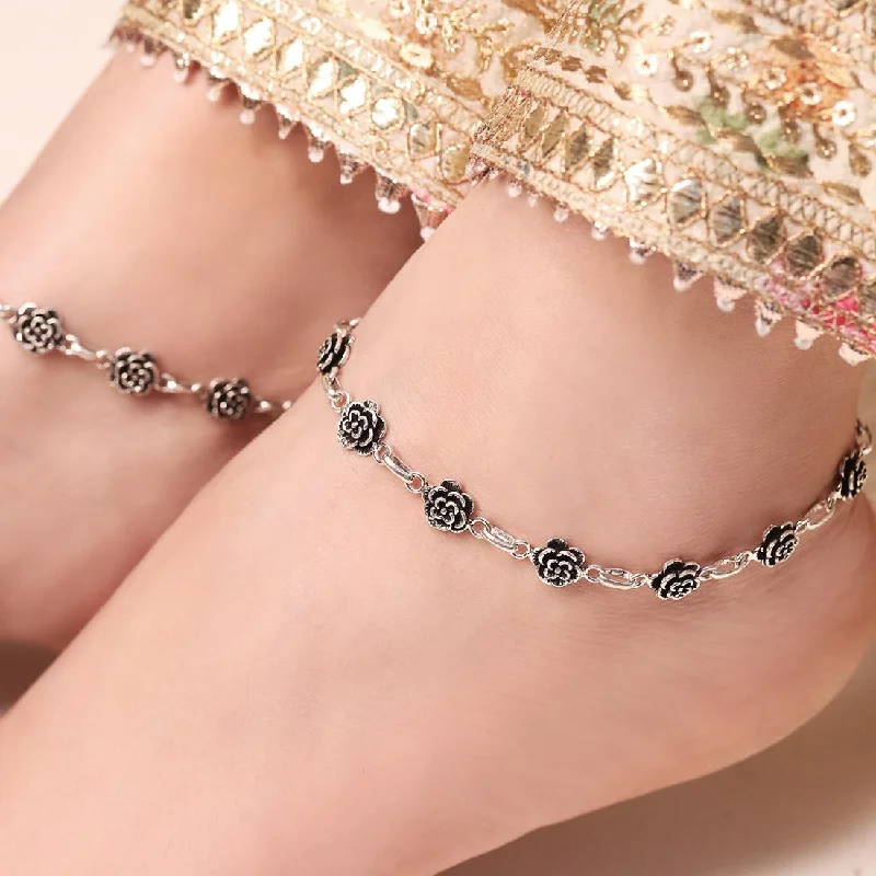 starfish anklet for women-Floral Whimsy Delight Rhodium-Plated 925 Sterling Silver Anklet