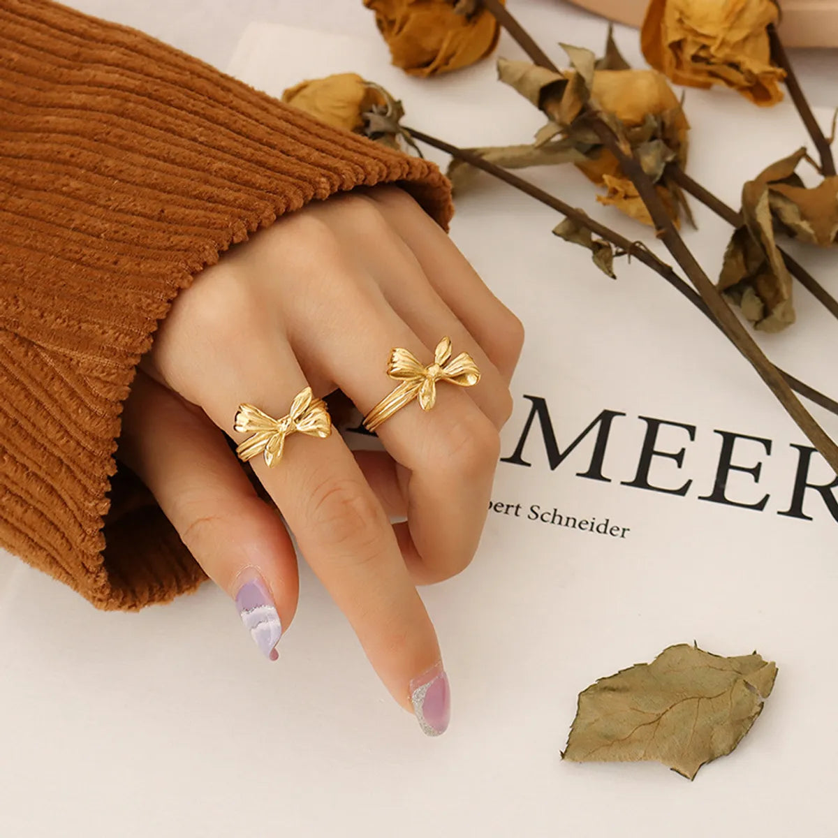 antique gold rings for women-New Three-dimensional Bow Geometric Open Ring Creative All-match Metal Ring