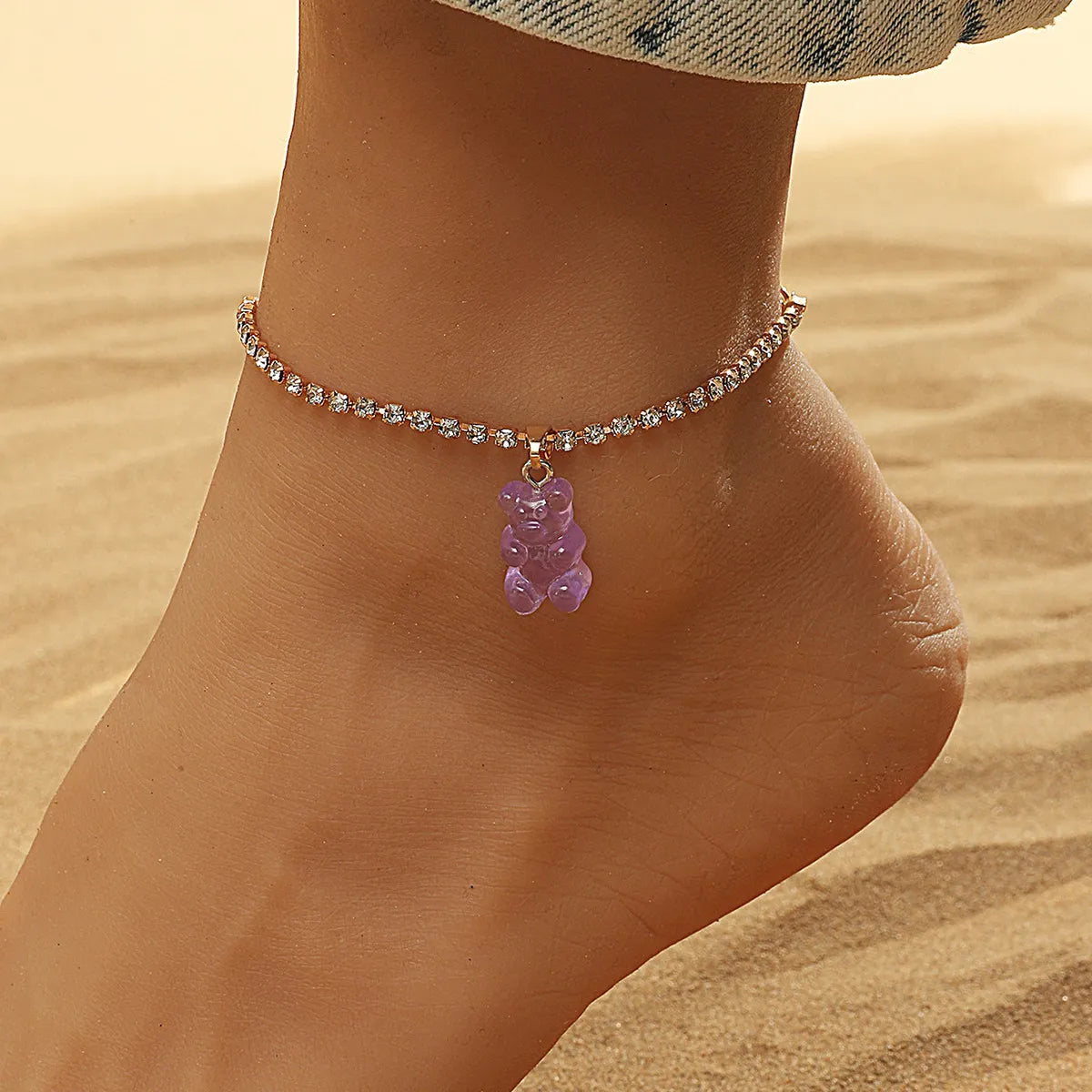 multi-layer anklet for women-European And American New Popular Resin Bear Pendant Beach Anklet Female Shiny Rhinestone Ins Simple Summer Foot Accessories