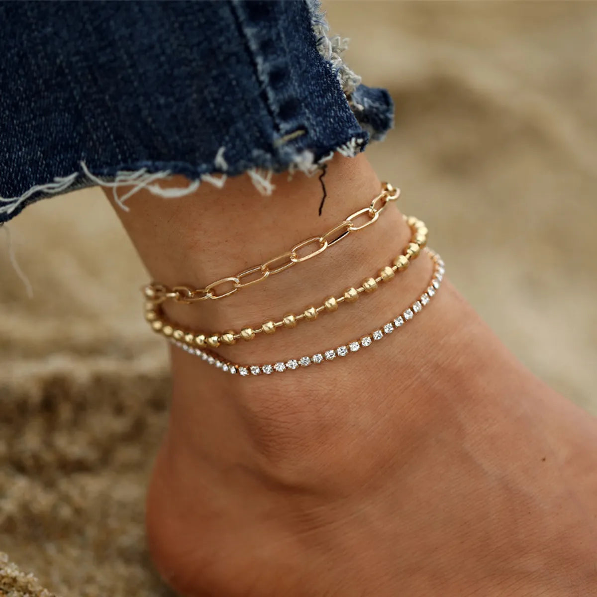 anklet with opal for women-Retro Full Rhinestone Multilayer Anklet