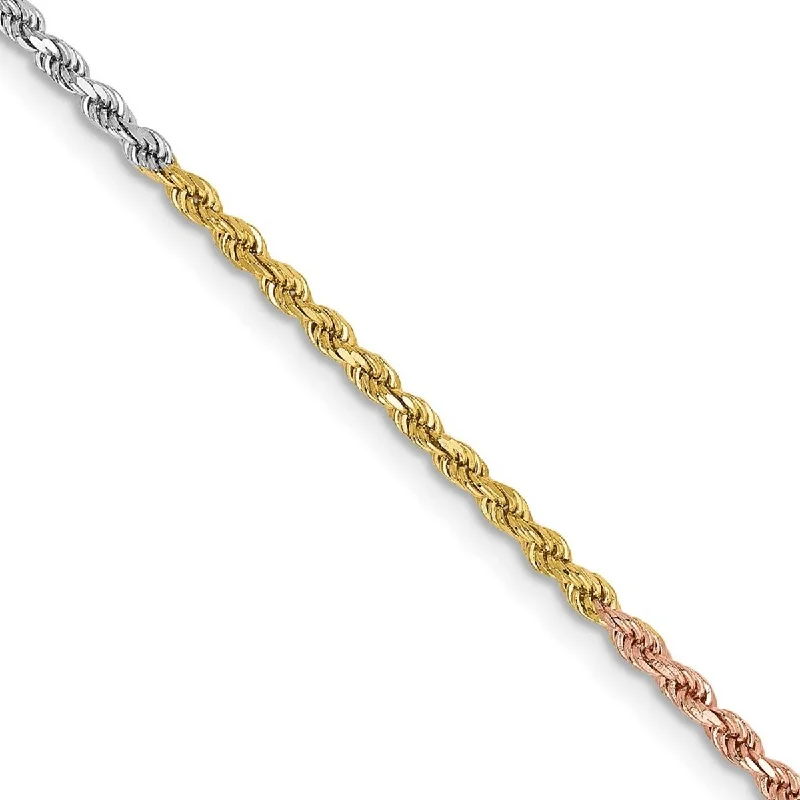 flower anklet for women-Curata Women's 14k Tri-Color Gold 1.8mm Sparkle-Cut Rope Chain Anklet- 10 Inch