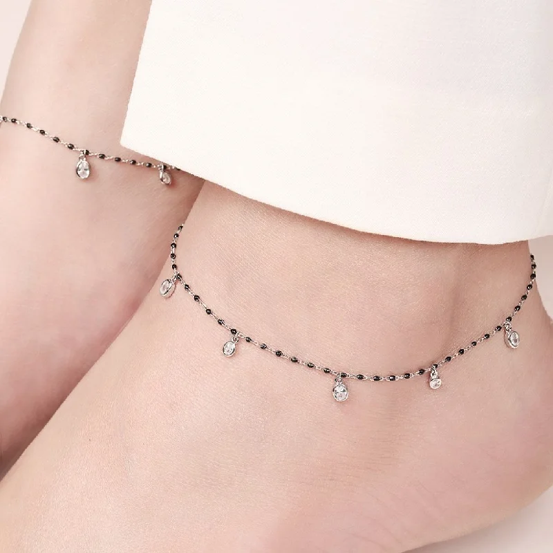 gold-plated anklet for women-Black Beads CZ Rhodium Plated 925 Sterling Silver Anklet