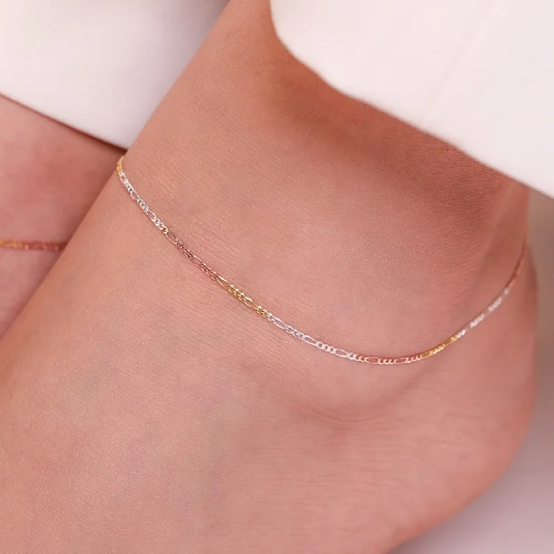 silver heart anklet for women-Minimal Triple Tone Figaro Chain 925 Sterling Silver Anklet