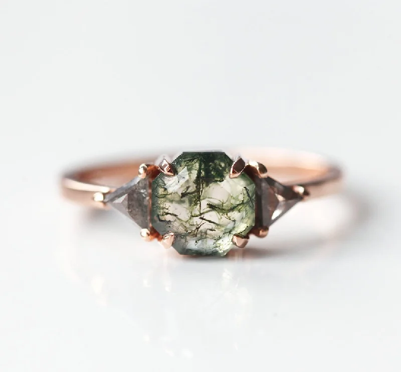 ruby engagement rings for women-Sasha Octagon Moss Agate & Salt Pepper Diamond Ring