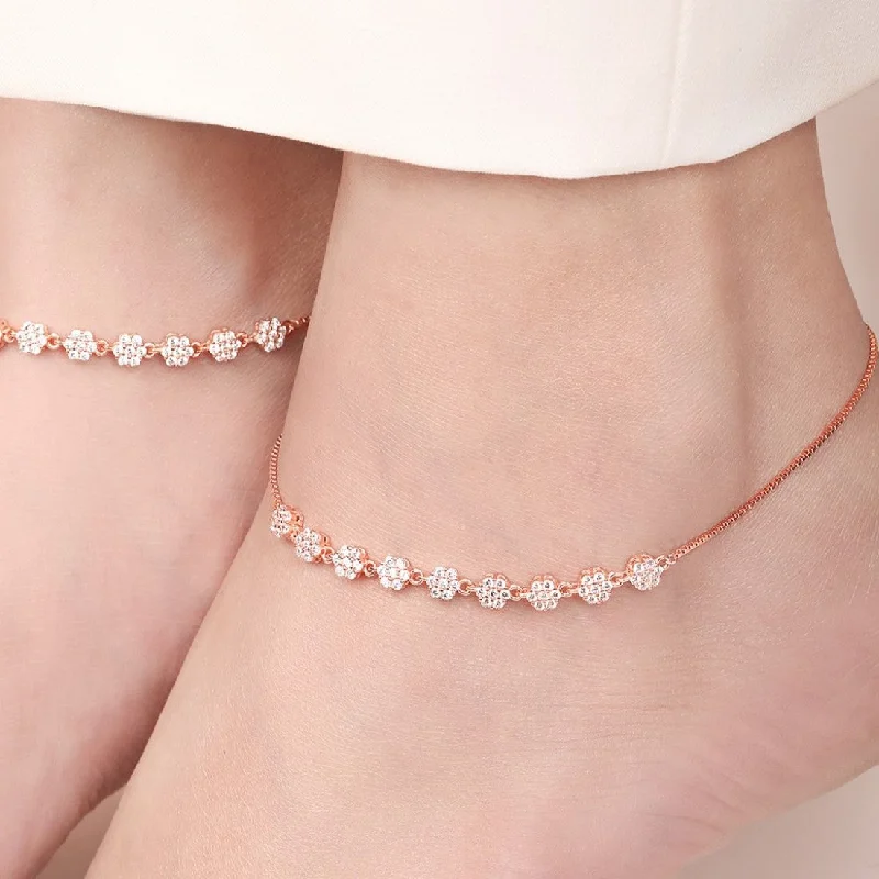 rose gold anklet for women-Blossom Brilliance Floral CZ Rose Gold Plated 925 Sterling Silver Anklet