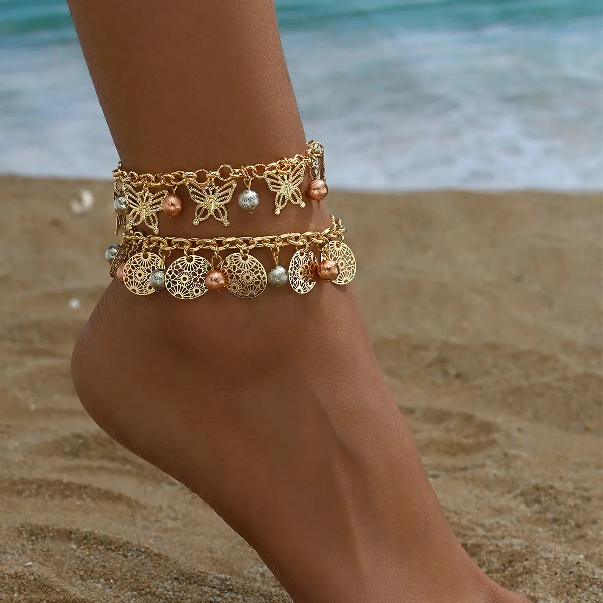 anklet with pearls and crystals for women-Vacation Simple Style Solid Color 18K Gold Plated Iron Wholesale Anklet