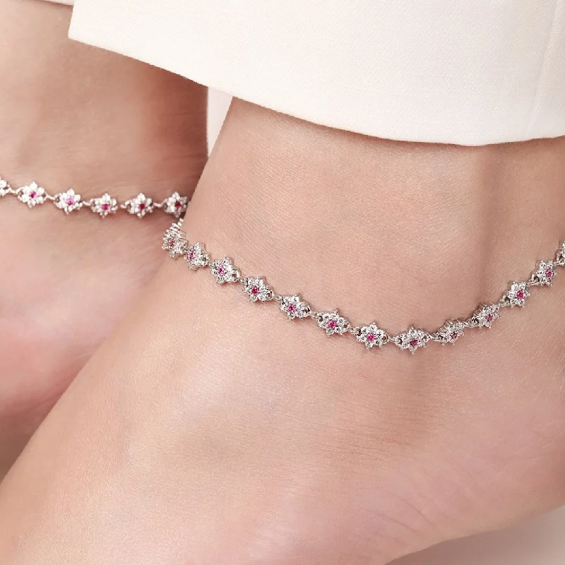 beachy anklet for women-Floral Radiance Rhodium-Plated 925 Sterling Silver Anklet