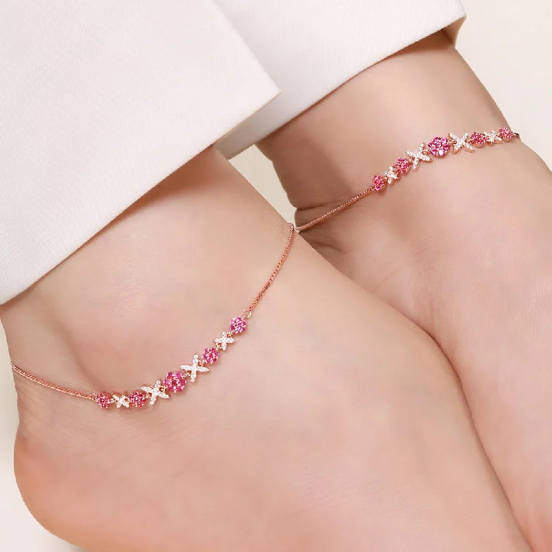 flower anklet for women-Radiant Links Rose Gold Plated 925 Sterling Silver Anklet