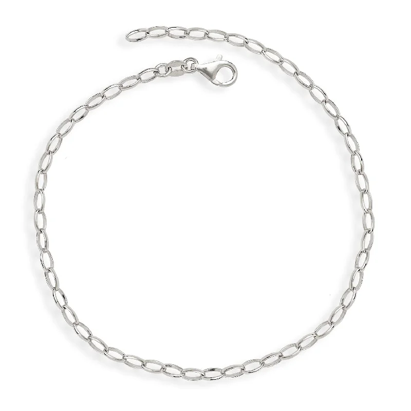 silver anklet for women-Sterling Silver Oval Rolo Link Charm 10-inch Anklet - White