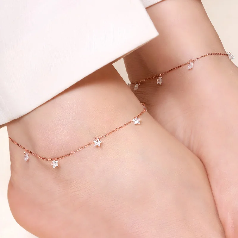 leather anklet for women-Star Rose Gold Plated 925 Sterling Silver Anklet