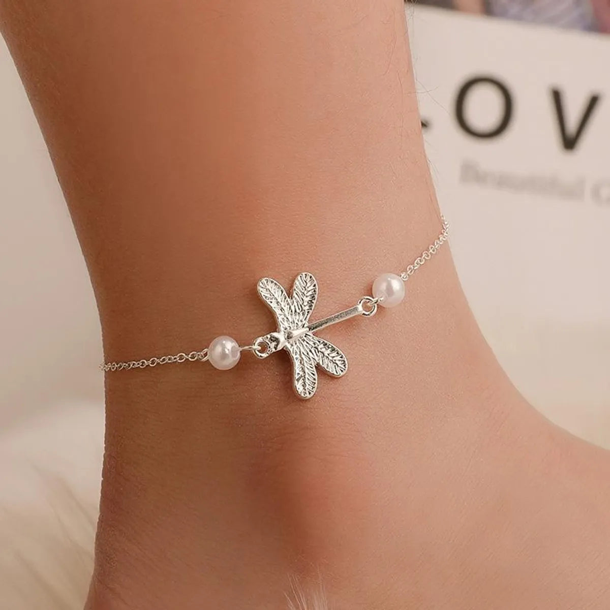 dainty anklet for women-Small Dragonfly Anklet Lady Dragonfly Pearl Pendant Anklet Foot Jewelry Wholesale