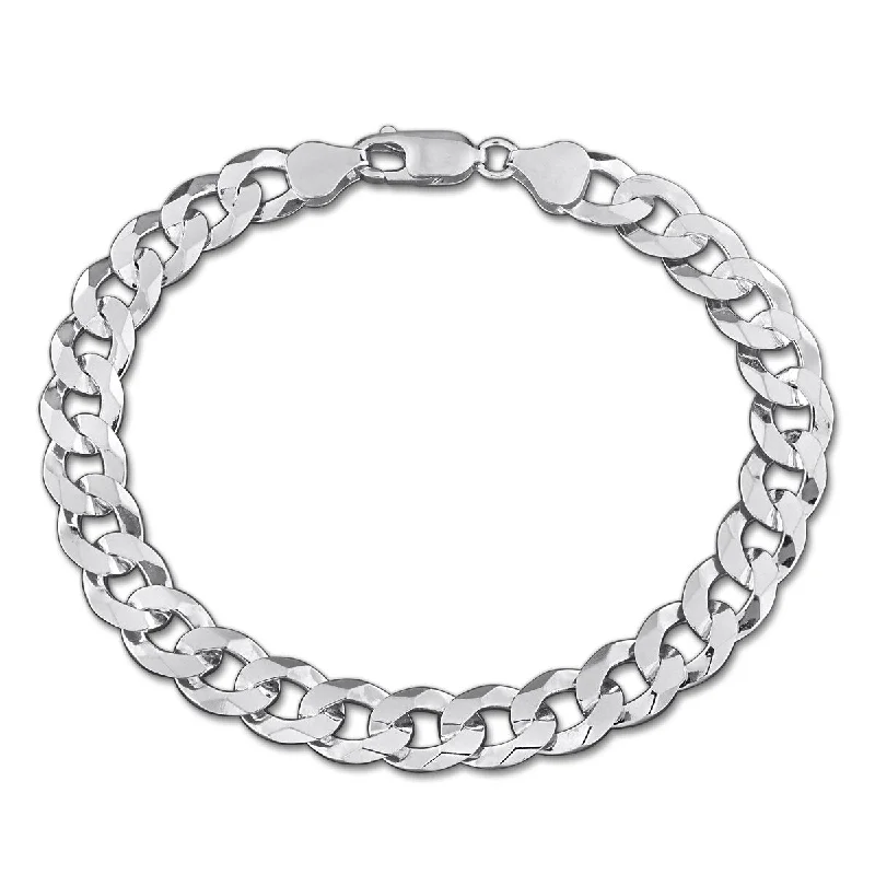 layered anklet for women-Miadora 8mm Diamond Cut Curb Bevelled Anklet in Sterling Silver-9 in