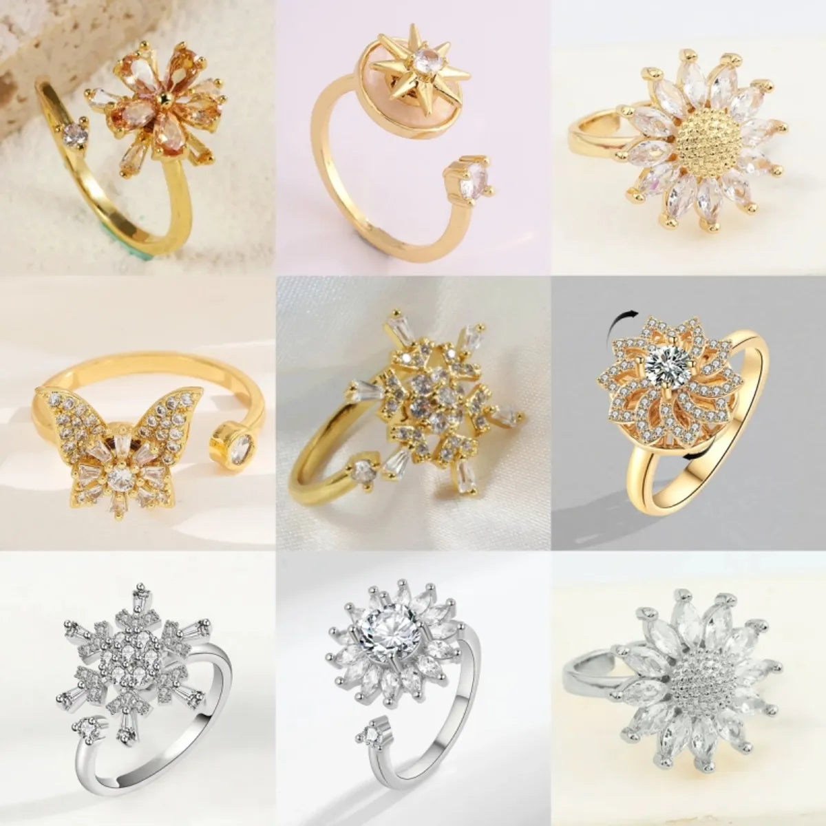 adjustable gold rings for women-Copper Inlay Flower Butterfly Zircon Open Rings