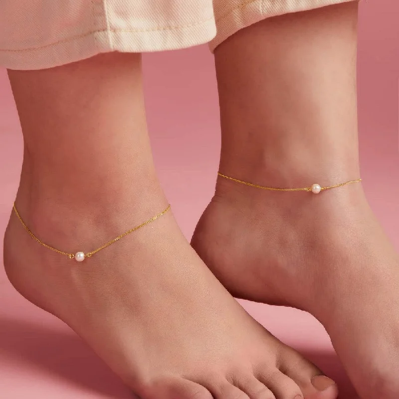 gold anklet for women-Gold-Plated & Pearl 925 Sterling Silver Chained Anklet