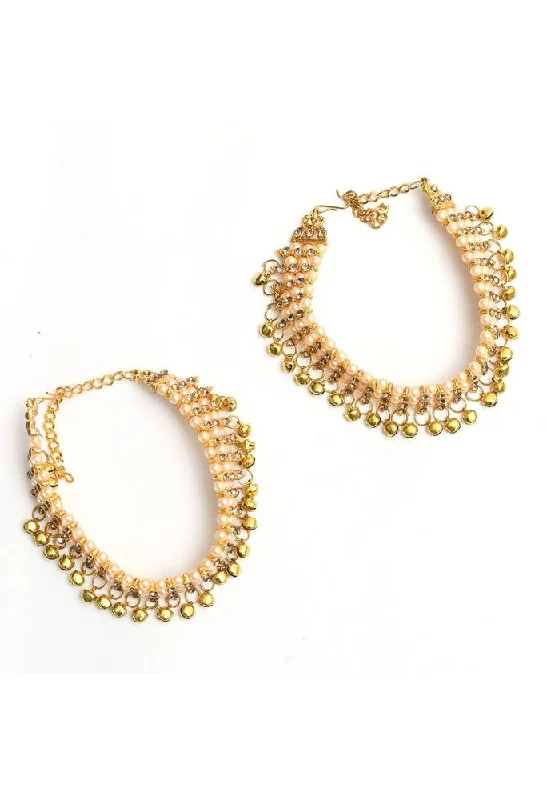 delicate anklet for women-Mominos Fashion Kamal Johar Gold-Plated Pearls Anklets With Muvvas