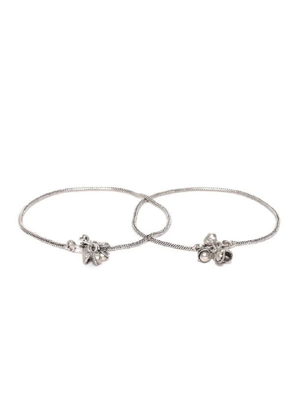 anklet with lotus flower for women-Priyaasi Women Designer German Silver/Oxidized Set Of 2 Anklet/Payal