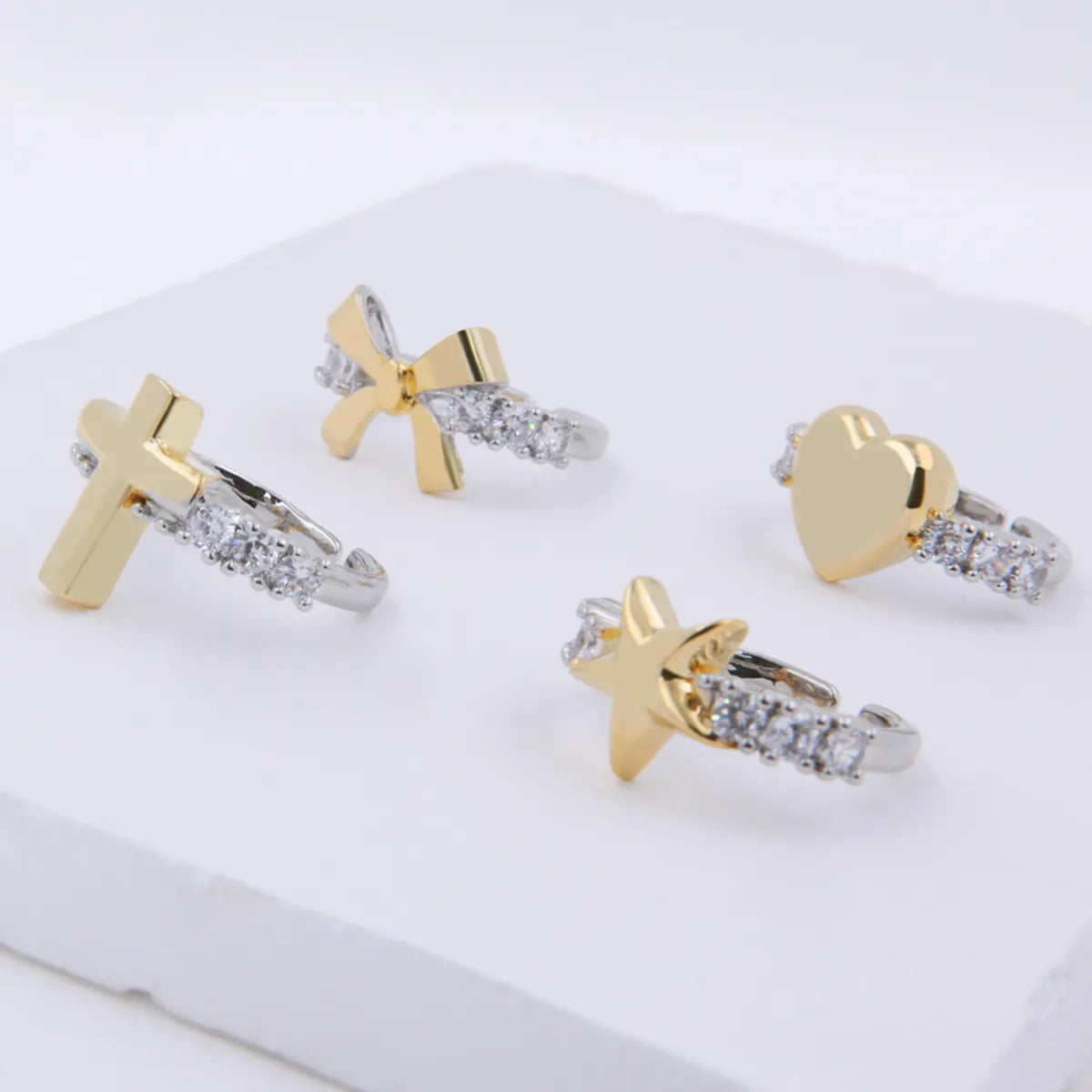 gemstone rings for women-Copper 18K Gold Plated IG Style Streetwear Cool Style Plating Inlay Cross Heart Shape Bow Knot Zircon Open Rings