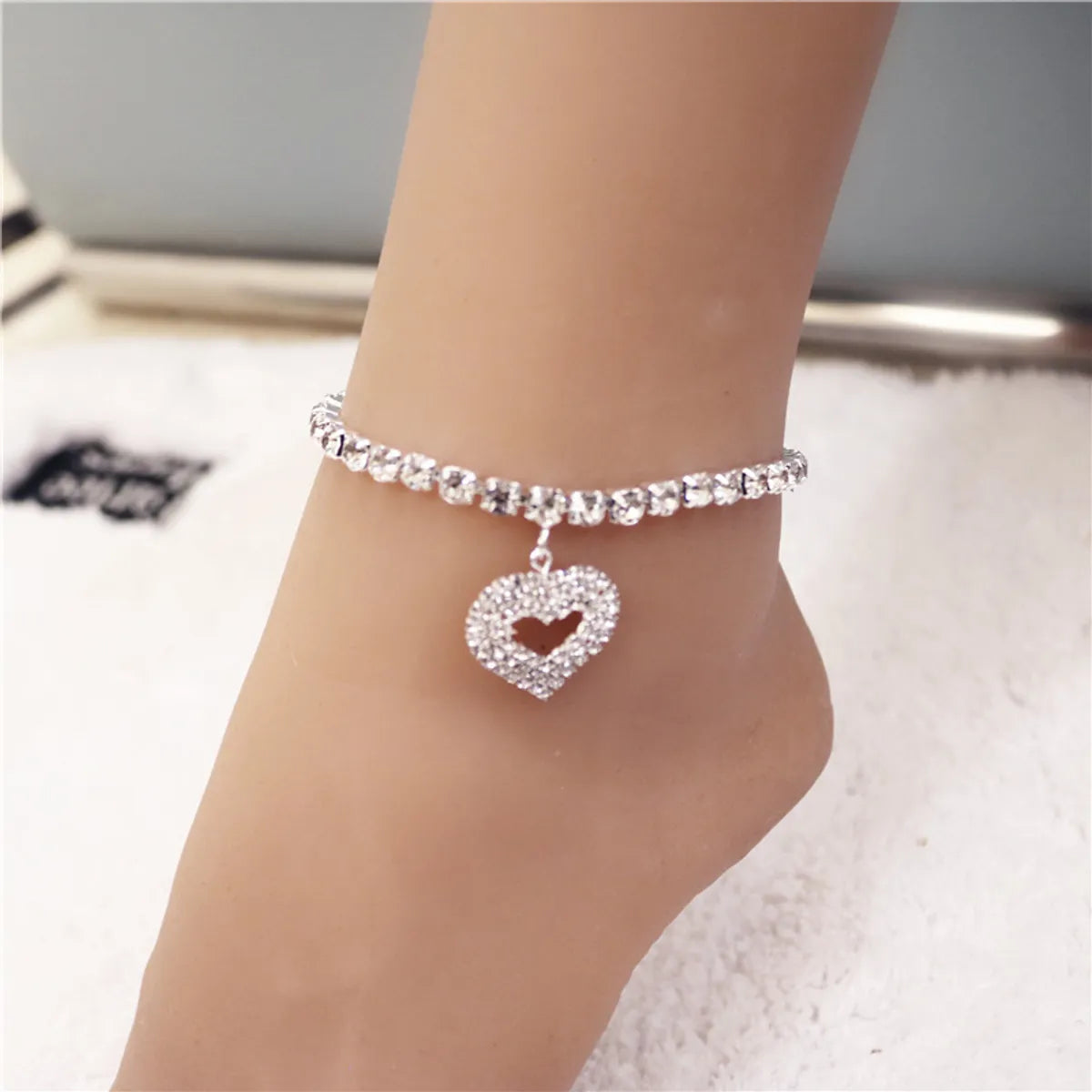 simple chain anklet for women-Fashion Heart Rhinestone Anklet Women'S Beach Trend Simple Anklet