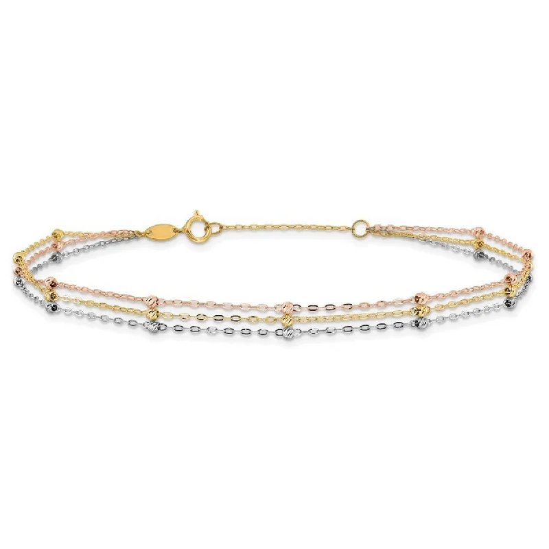 rose gold anklet for women-Curata Women's 14k Tri-color 3-strand Diamond-Cut Beaded Anklet - 10 Inch