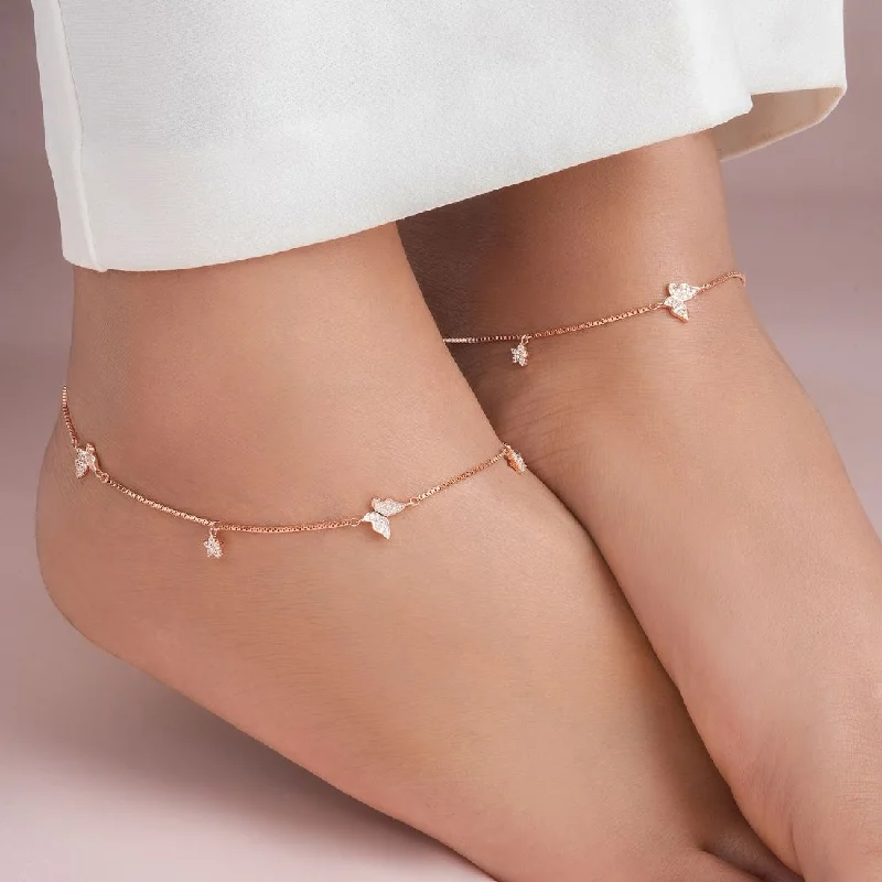 classic silver anklet for women-Charms CZ Rose Gold Plated 925 Sterling Silver Anklet