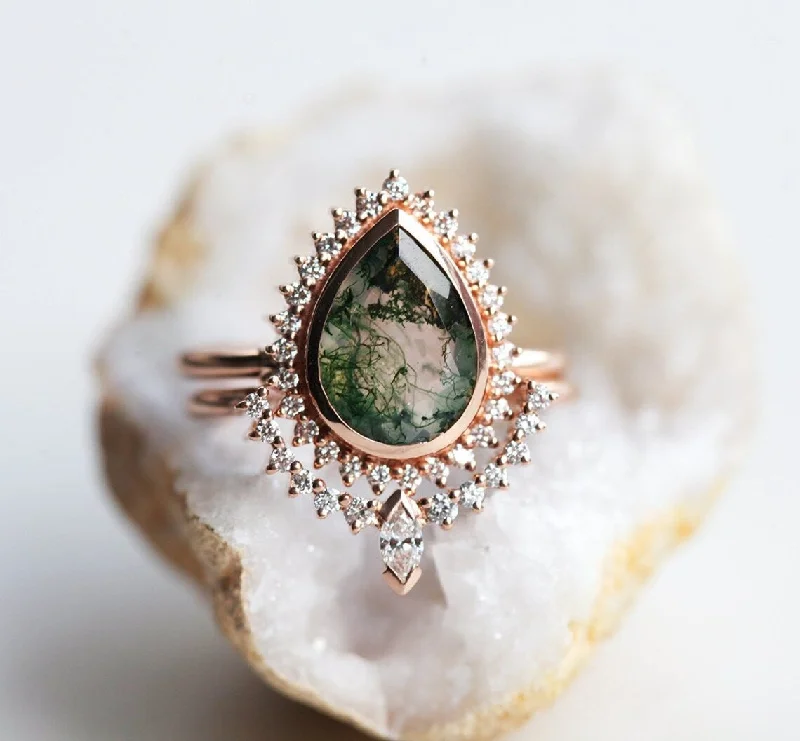 vintage three-stone engagement rings for women-Tara Pear Moss Agate and Diamond Ring Set