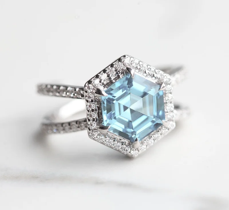 wedding and engagement ring sets for women-Ambrosia Hexagon Aquamarine and Diamond Ring