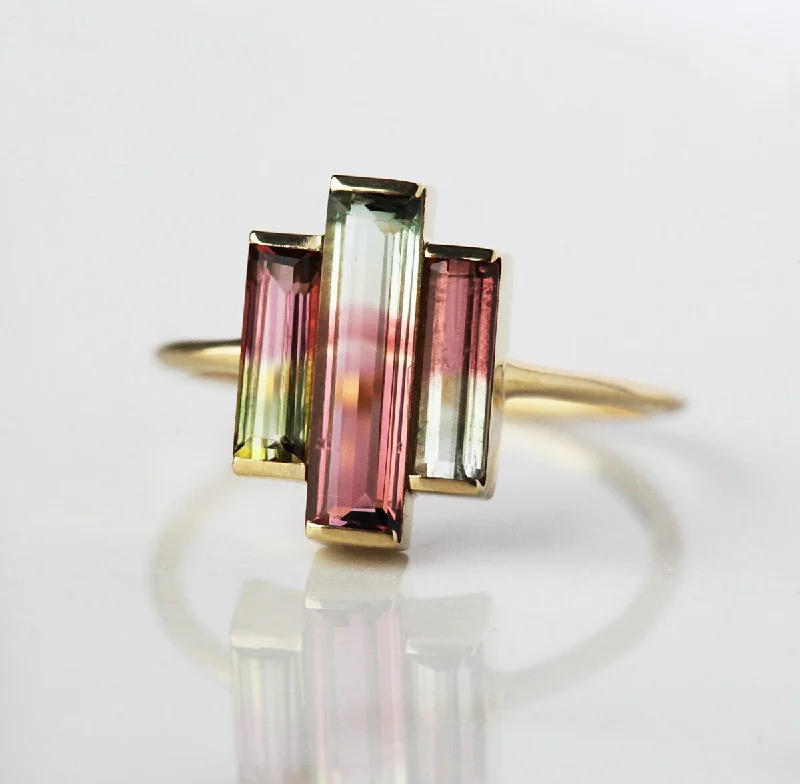 antique-style engagement rings for women-Watermelon tourmaline ring, Baguette engagement ring, Unique