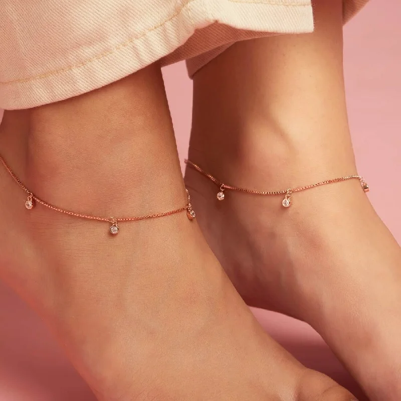 anklet with birthstone for women-Drop CZ Rose Gold Plated 925 Sterling Silver Anklet