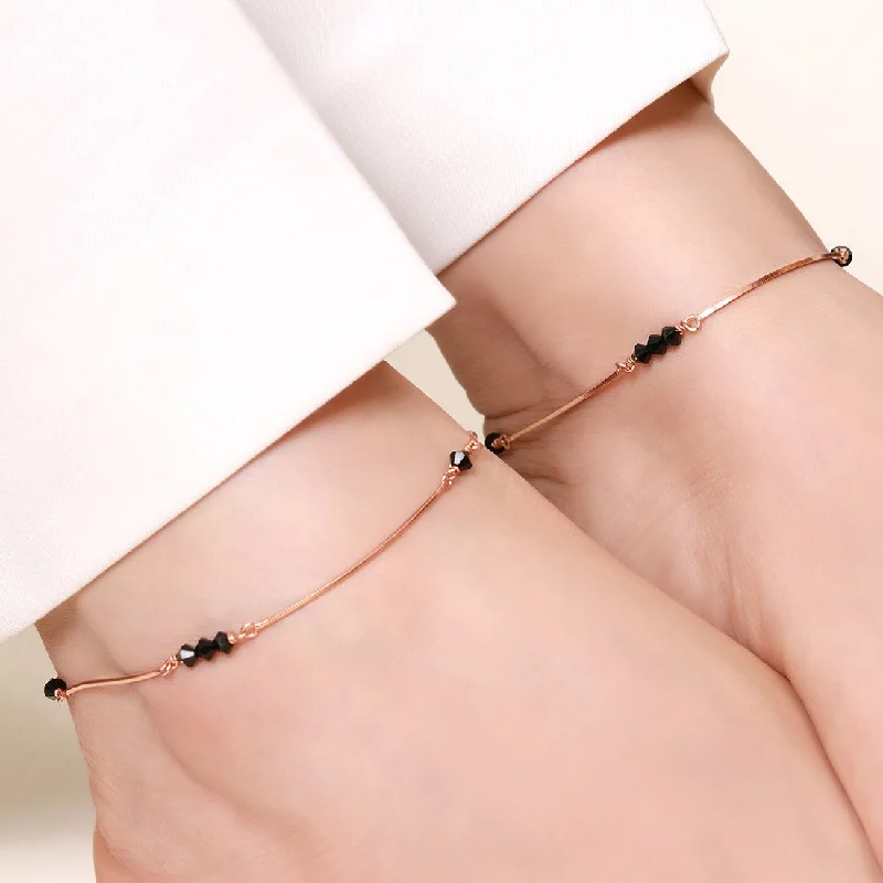 anklet with tiny bells for women-Beaded Beauty Rose Gold Plated 925 Sterling Silver Adjustable Chain Anklet