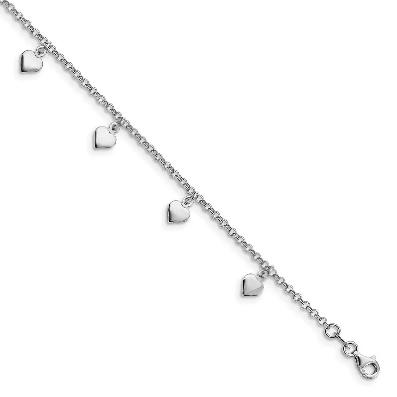 summer anklet for women-Curata 925 Sterling Silver Polished Dangling Hearts Adjustable Anklet (9 10) Inch