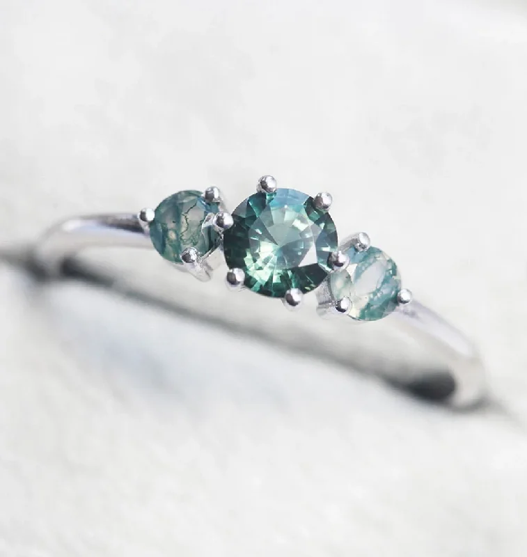 unique engagement rings for women-Teal Sapphire & Moss Agate Engagement Ring