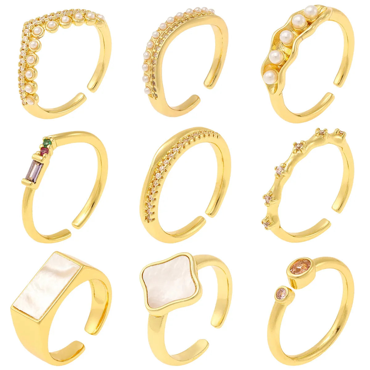 gold band rings for women-Copper 18K Gold Plated Simple Style Plating Inlay Geometric Pearl Zircon Open Rings