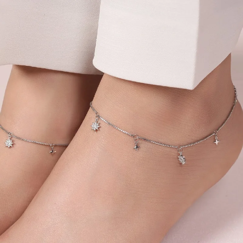 butterfly charm anklet for women-Starry Night Sky 925 Sterling Silver Rhodium-Plated Star Pattern Anklets