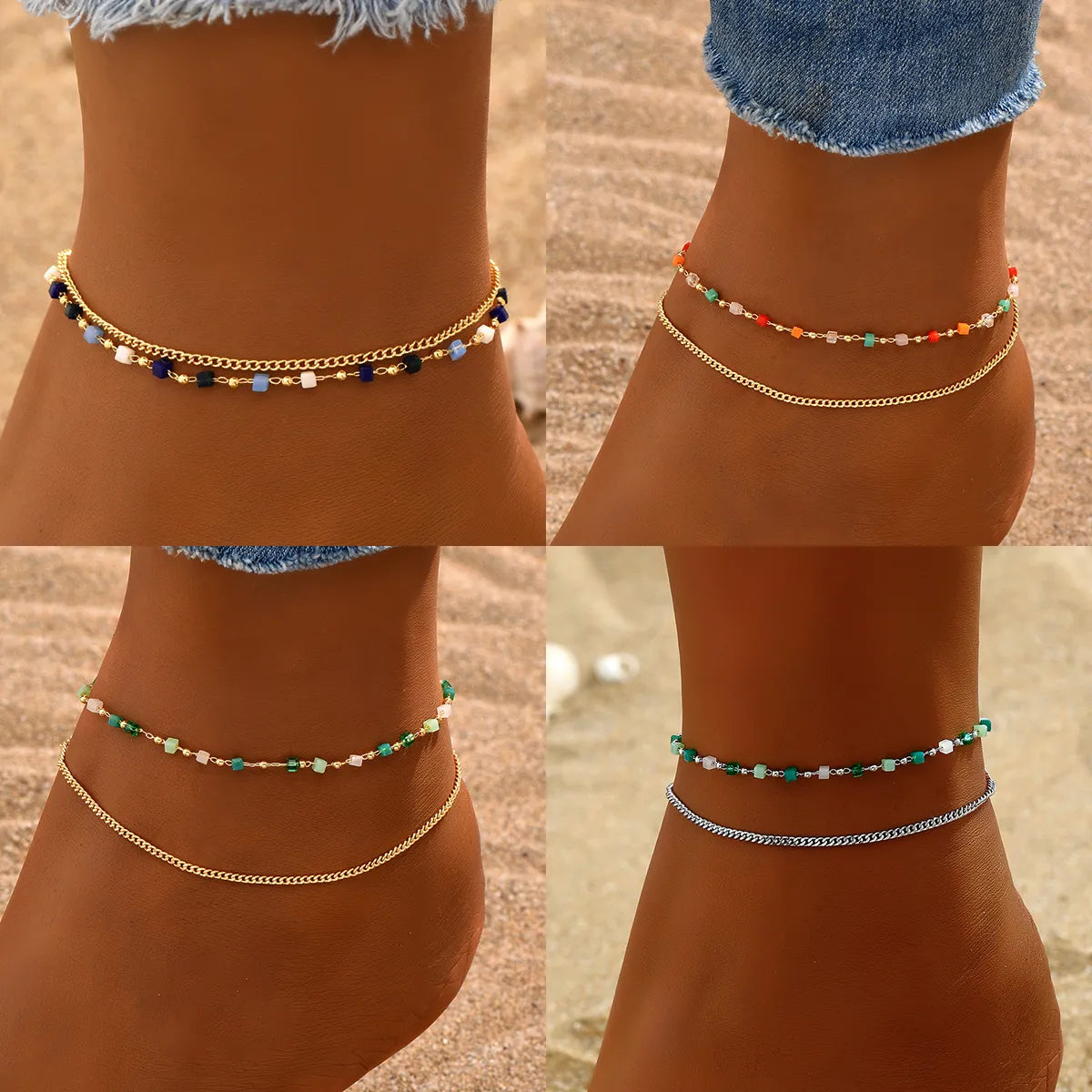 anklet with pearls for women-Fairy Style Beach Geometric Square 18k Gold Plated White Gold Plated Glass Copper Wholesale Anklet