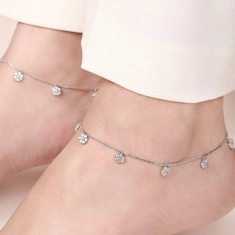 double-layer anklet for women-Floral CZ Rhodium Plated 925 Sterling Silver Anklet