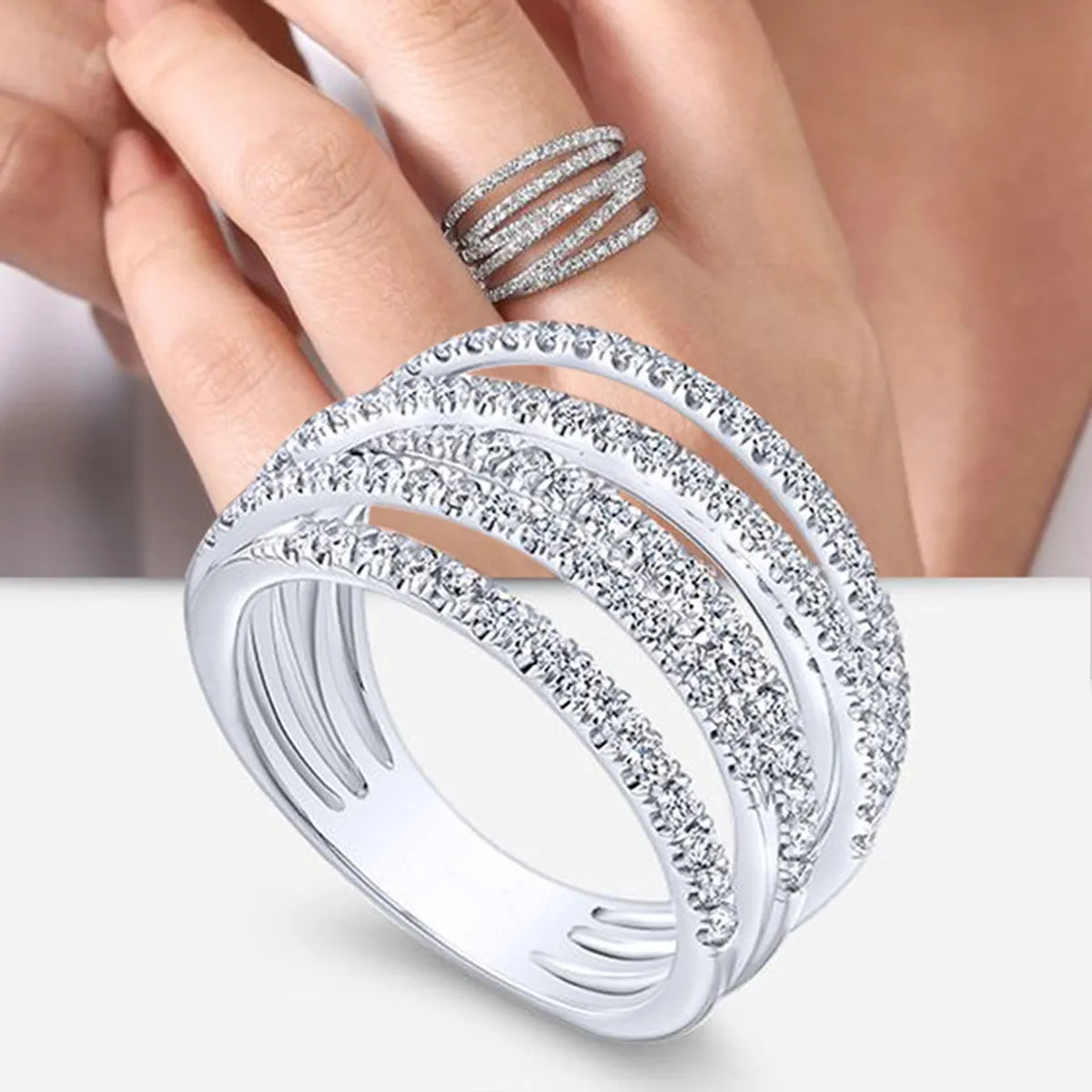 eternity rings for women-1 Piece Luxurious Geometric Copper Plating Zircon Wide Band Ring Rings