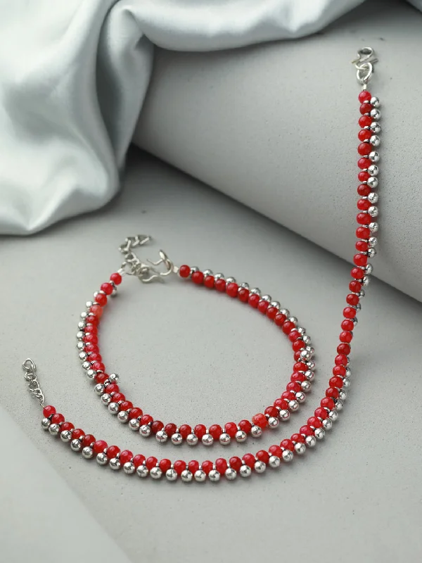 gemstone anklet for women-Priyaasi Women Red Beaded Silver Plated Anklet Set