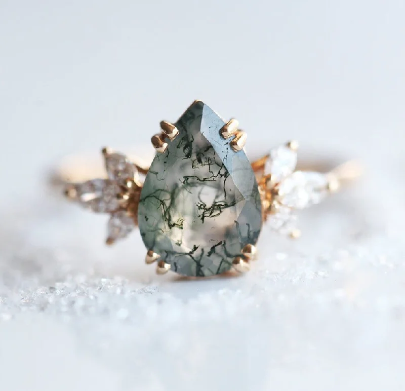 classic solitaire engagement rings for women-Eleanor Pear Moss Agate and Diamond Ring