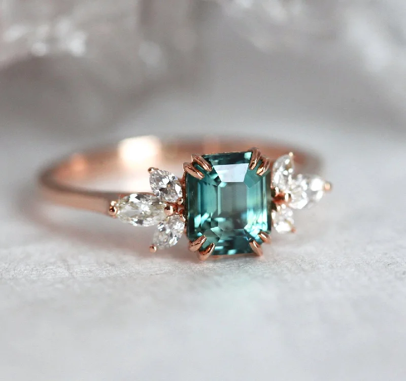 custom-cut engagement rings for women-Ava Teal Sapphire Diamond Ring