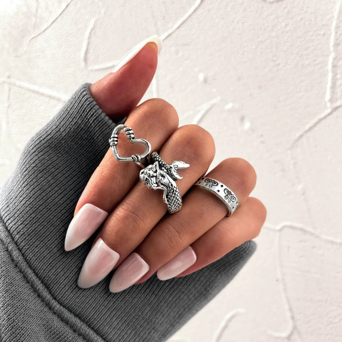 silver rings for women-Retro Mermaid Butterfly Open Joint Ring 3-piece Set Wholesale