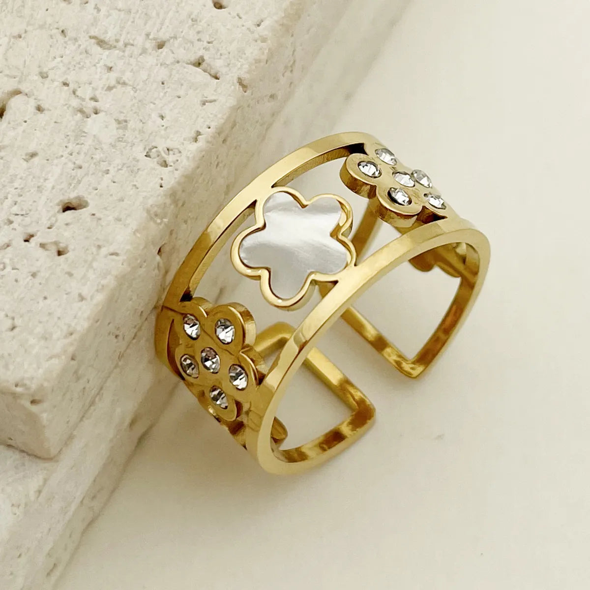 luxury rings for women-Fashion Geometric Stainless Steel Plating Rhinestones 14k Gold Plated Open Ring