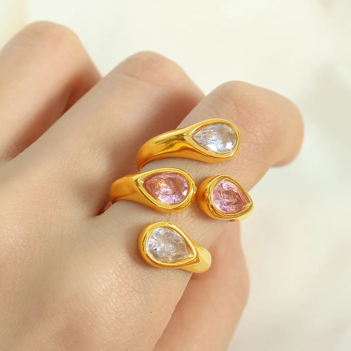 floral rings for women-Elegant Vintage Style Luxurious Water Droplets Titanium Steel Plating Metal Inlay Zircon 18k Gold Plated Open Rings