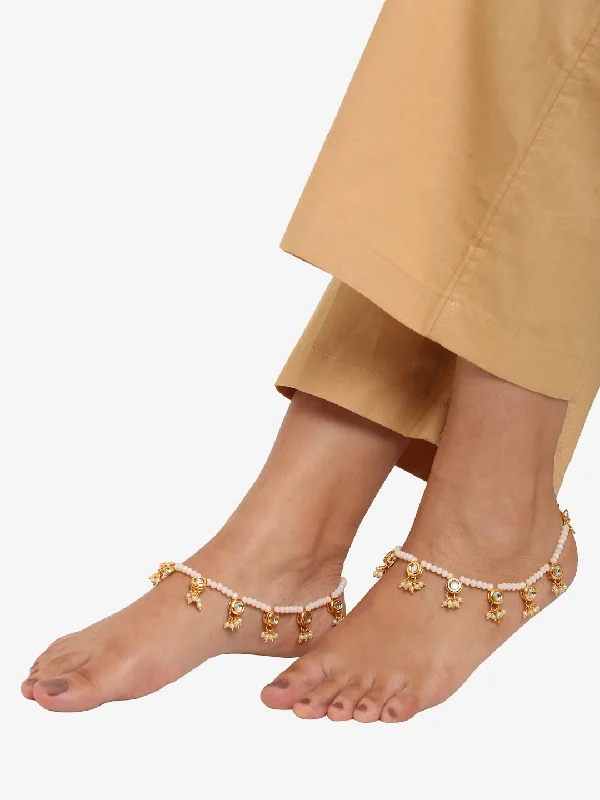 starfish anklet for women-Gold-Plated White Handcrafted Kundan Set Of 2-Studded Beaded Anklets - Ruby Raang