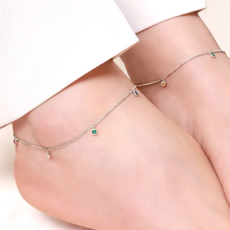 adjustable gemstone anklet for women-Multi Colour Drops Rhodium Plated 925 Sterling Silver Anklet