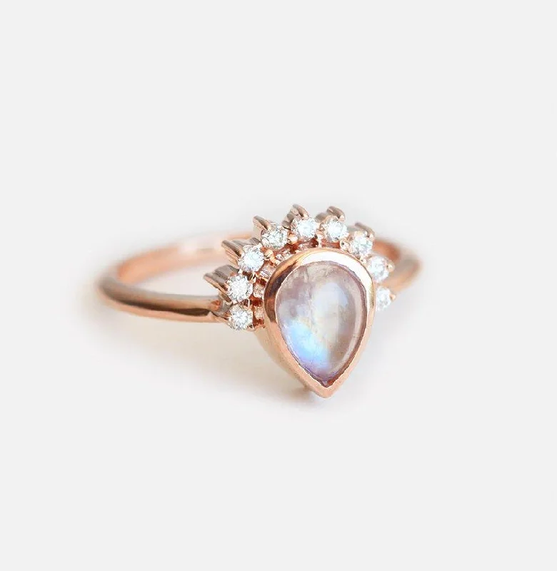 vintage diamond engagement rings for women-Cabochon Moonstone Engagement Ring With Diamond Crown